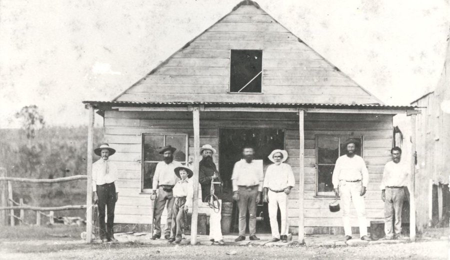 People gather outside Maytown's general store in the 1880s. The photograph offers a glimpse of the town before its buildings disappeared, giving a different kind of evidence to read alongside the remains in the landscape.