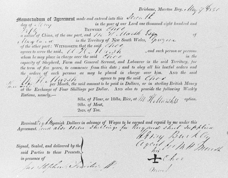 A working life, set down on paper. This 1850 agreement between Choo and M. H. Marsh preserves the terms of one man's employment at Maryland Station—a small but tangible trace of migration before the gold rush.