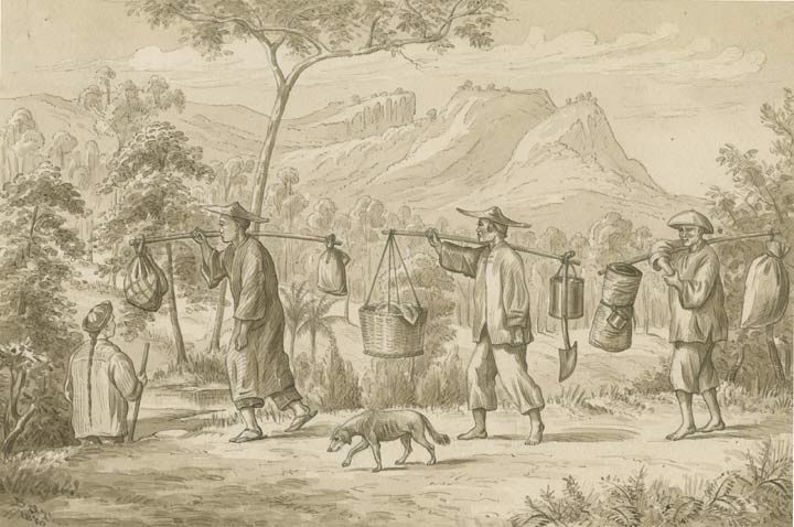 Four travellers, a dog, and the belongings they carry. Donald Sydney Thistlethwayte's sketch, dated 9 December 1870, turns our attention to the journey towards Ravenswood. This is an artist's view, rather than a photograph.